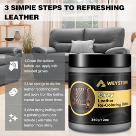 WEYSTOM Leather Recoloring Balm, 12oz Large Size Leather Dye, Color Restorer, Scratch Repair, Furniture & Couch Restorer Kit, Repair Kit for Furniture(Gray)