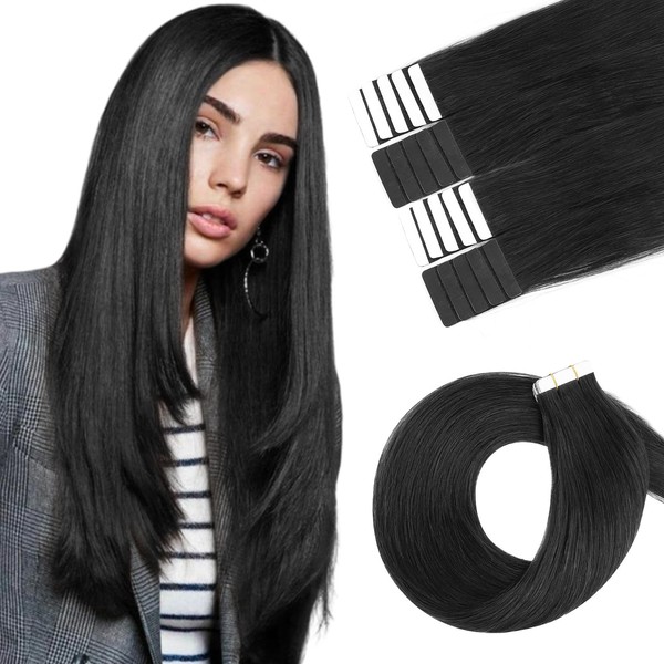 KIMSMTED Invisible Tape in Remy Human Hair Extensions Jet Black