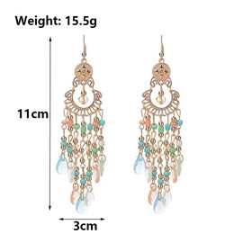 Boho Long Tassel Chandelier Dangle Earrings for Women,Gold Disc Filigree Colorful Teardrop Beaded Hook Earrings,Vintage Geometric Statement Jewelry (Blue)