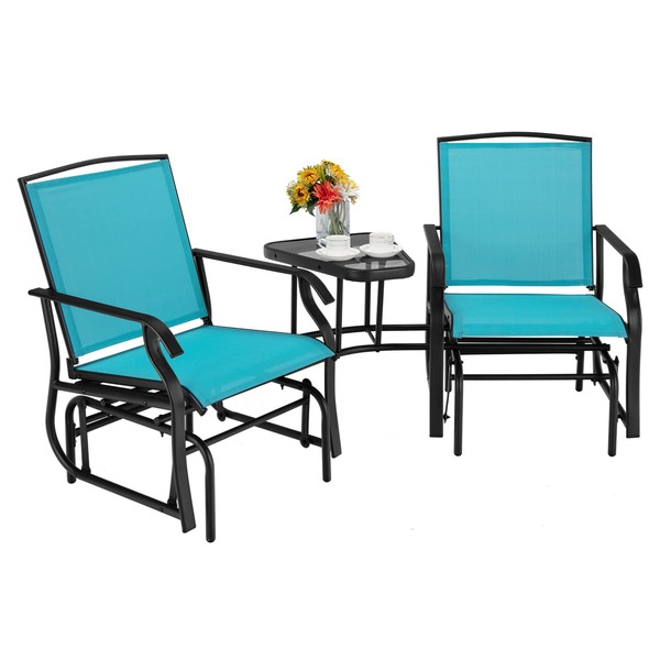 Giantex Outdoor Glider Chairs with Table & Umbrella Hole, Patio 2-Seat Rocking Chair Outside Loveseat Swing w/Breathable Fabric for Garden, Backyard, Poolside, Lawn Metal Glider Bench(Turquoise)