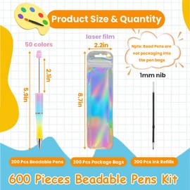 GEHUIZER 600 Pieces Beadable Pens Kit - 200 Beadable Pens Bulk with 200 Refills + 200 Pen Bags, 50 Colors DIY Black Ink Bead Pens for Kids Students Adults