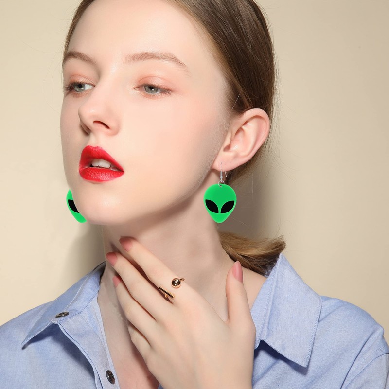 Just Follow Acrylic Punk Green Alien Face Dangle Earrings Big