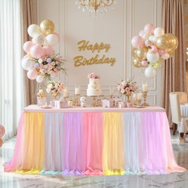 Pastel Rainbow Table Cloths for Parties Tulle Table Skirts Rectangle Tables 6ft Fitted Spandex Table Covers Stretch Elastic Banquet Wedding Baby Shower Birthday Party Table Cloths 6 Foot Rectangle