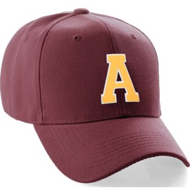 Classic Baseball Hat Custom A to Z Initial Team Letter, Burgundy Cap White Gold Letter A