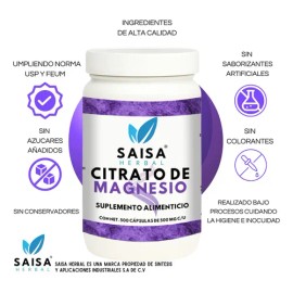 Citrato De Magnesio Y Citrato De Potasio 500 Cápsulas C/u | Suplemento Alimenticio | Saisa Herbal Sin sabor | Alta biodisponibilidad | Apoyo del sueño