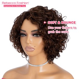 Rebecca Fashion Short Curly Human Hair Wigs for Black Women Cute Curly Bob Wig Side Part Non Lace Glueless Wigs Brazilian Remy Natural Looking Natural Looking MIixed Medium Brown Color