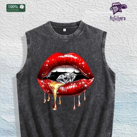 Glam Lips & Diamond Graphic Washed Vest US Warehouse 3 Colors Cotton TankSize: S, Color: Black