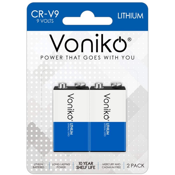 Voniko Lithium Batteries 9 Volt 2 Pack – 9V Lithium Batteries – Long Life Smoke Detector Batteries 10 Years Shelf Life - 9 Volt Battery for Smoke Alarms and Medical Equipment