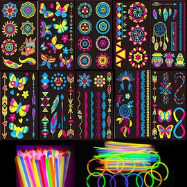 10 Sheets Glow in the Dark Temporary Tattoos BlackLight Neon Makeup Body Face Fake Tattoo Arm Art Sticker Rave Festival Accessories and 50pcs Glowsticks for Adult Men Women Party Supplies