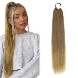 prinfantasy Ponytail Hair Extensions Brown 24 Inches Dark Brown Root to Blonde Straight Hair Extension Ponytail Fake Ponytail Hair Piece Extension Long Hair Ash Hair pieces for Women,GBMW277