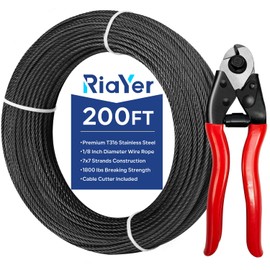 Riayer 200FT 1/8" Black T316 Stainless Steel Wire Rope kit with Cutter, 7x7 Construction - Aircraft Cable for Deck Railing, Stair & Marine Rigging