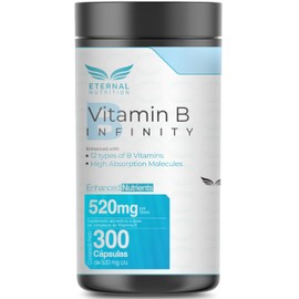 ETERNAL NUTRITION Infinity: Complejo B Elevado 11 Tipos (300 Cápsulas) | B1, B2, B3, B5, B6, B7 Biotina, B9 Folato y B12 · 300 Porciones · 520 mg · En