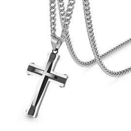 HZMAN Cross Necklace for Men Stainless Steel High Polished Double Layer Cross Necklace Pendant Christian Jewelry Gift with 24Inch Cuban Chain, Stainless Steel, No Gemstone