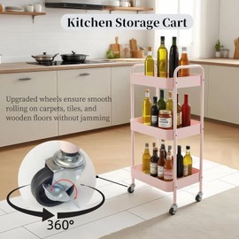 LIWNYRK 3 Tier Pink Rolling Cart for Nursery & Laundry Room with Handle & 4 Hooks, Metal Kitchen Storage Cart on Wheels and Lockable Casters, Large Capacity Sturdy Trolley for Lash Craft Bathroom