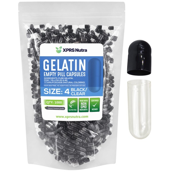 Cápsulas de gelatina vacía Capsules Express, tamaño 4, color negro y transparente, Kosher – Cápsula de gelatina pura – Relleno de polvo DIY (1000)