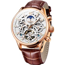 OLEVS Men's Watch Leather Brown Skeleton Automatic Mechanical Tourbillon Calendar Moon Phase Luminous Waterproof Luxury Business Wristwatch