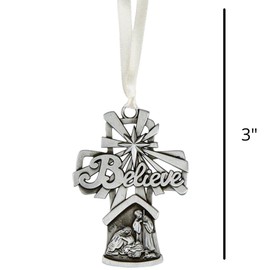 Nativity Ornaments for Christmas Tree, Silver Tone Believe Ornament with Holy Family Manger Scene, 3 Inches