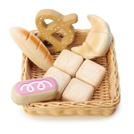 Tender Leaf Toys - Bread Basket - 8 Pcs Wooden Pastries Pretend Food Play Supermarket Shopping Game, with Hand-Crafted Wicker Basket, Play Kitchen Accessories - Age 3+