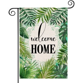 Asminifor Welcome Home Decorative House Flag Summer Tropical Palm Leaf Burlap Double Sided, Watercolor House Yard Decor, Banana Leaf Garden Yard Decorations, Green Leaf Wreath Outdoor Flag 12x18 Inch