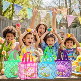 DECHISY 6 Pack Easter Bags with Handle, 8.3×7.9×6inch Non-Wovem Large Easter Gift Bags，6 Styles Reusable Egg Hunt Baskets for Kids, Party Supplies