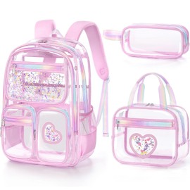 Fimibuke Clear Backpack for Girls, 3PCS Heavy Duty PVC Transparent Kids Backpack for Teen Girls, School Concert Stadium Approved See Through School Teen Girl Bookbag with Lunch Box & Pencil Case, Pink
