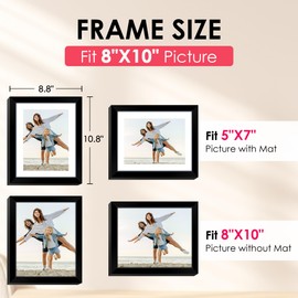 FIXSMITH 8x10 Picture Frame, Black Photo Frame with HD Plexiglass, Display Pictures 5x7 with Mat or 8x10 Without Mat, Picture Frames Collage for Tabletop or Wall Display, 1 Pack
