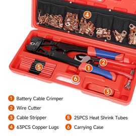iCrimp Battery Cable Lug Crimping Tool Kit for 8-1/0 AWG - 63pcs Copper Lugs & 25pcs Heat Shrink Tubes, Wire Cutter & Stripper