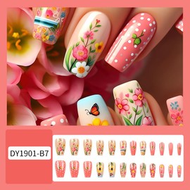 Flower Press on Nails Medium Square Fake Nails with Flowers Daisy Butterfly Pink Design Coffin Shape Spring Floral False Nails Glue on Nail Artificial Stick on Nail for Women Salon Nail Art 24Pcs