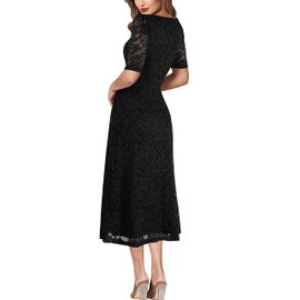 VFSHOW Womens Black Floral Lace Pockets Notch V Neck Buttons Front Split Cocktail Party Slim A-Line Midi Dress 10337 BLK M