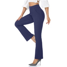 Agenlulu High Waisted Dress Pants for Women Bootcut Elastic Waist Pull On Work Slacks for Women Business Casual (Navy Blue)