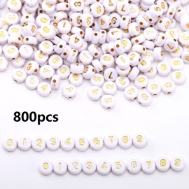 HERZWILD 800pcs Number Beads for Threading 4 x 7 mm Gold Letter Beads Round Craft Beads Letters 0-9 Beads for Jewellery Crafts (4 x 7 Gold Number)
