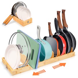 Bamboo Pots and Pans Organizer, Pot Lid Organizer Reusable Containers in Cabinet Storage, Adjustable Pot Lid Holder Rack for Cutting Boards, Pans, Kitchen Counter, Dinner Plates