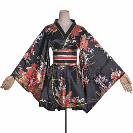 Resnan Women's Floral Print Traditional Japanese Kimono Short Robe Set Satin Bathrobe Sleepwear Tabi Socks Yukata Costume (Black01)