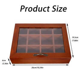 Wooden Tea Bag Storage Box with 12 Compartments, Plexiglass Lid, Vintage Style