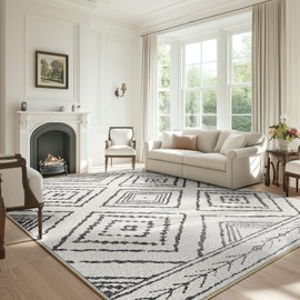 BESTSWEETIE 8x10 Area Rugs Moroccan Rug 8x10 Rugs Farmhouse Rug Machine Washable Rugs Non-Slip Low Pile Ultra Soft Faux Wool for Living Room Bedroom Indoor Blackwhite