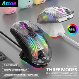 Wireless Gaming Mouse with Transparent RGB Mechanical, Tri-Mode 2.4GHz/Bluetooth/Wired Mouse, Charging Base, Digital Display,Silent Mice, 7 Buttons, Computer Mouse for Gaming and Esports (White)