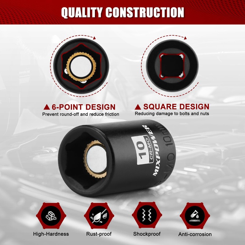 MIXPOWER 1/4" Drive Shallow Magnetic Impact Socket, 6 Point, 10mm,