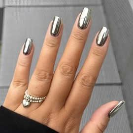 Silver Press on Nails Medium Square Fake Nails Metal Design Holographic Chrome False Nails Artificial Acrylic Nail Silver Mirror Nails Press ons Full Cover Stick On Nails for Women Girls 24Pcs
