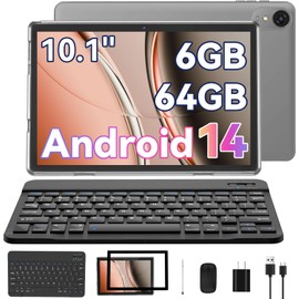 Tablet, 10 inch Android 14 Tablets with Keyboard, 6GB RAM 64GB ROM 1TB Expand, 1280x800 Touch Screen, Quad-Core Processor, 6000mAh Battery, Dual Camera, WiFi 5,Bluetooth 5.0