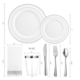 FOCUSLINE 350 Ct Disposable Dinnerware Set for 50 Guests -Heavy Duty Plastic Plates with Silver Rim, Includes 50 Dinner & Salad Plates, Cups, Napkins, Cutlery Set