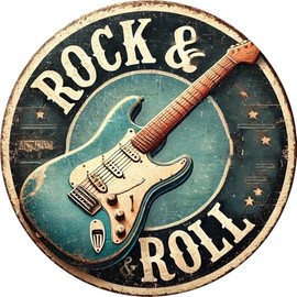Rock & Roll Guitar 8x8" Round Aluminum Wall Art - Vintage Style Metal Sign for Home, Office, Bar, Cafe Decor