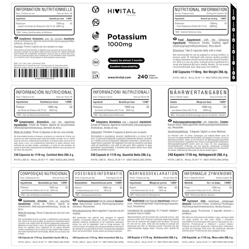 Potassium 1000 mg from salt of potassium citrate. 240 vegan