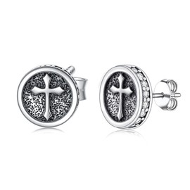 MEIDERBO Cross Earrings 925 Sterling Silver Cross Stud Earrings Cross Zircon Earrings Hypoallergenic Punk Gothic Cross Jewelry Gifts for Women Men 8mm, Sterling Silver, Cubic Zirconia
