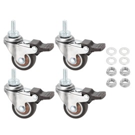 PATIKIL 1.25 Inch Swivel Caster Wheels with Brake, 4Pcs M6x15mm TPE Rubber Threaded Stem Casters Load Capacity 132 Lbs with Tool Set for Furniture Trolley Cart, Brown
