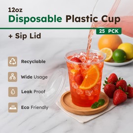 12oz Disposable Plastic Cups with Strawless Sip Lids – Set of 25 Clear PET Cups with Flat Sip Cover for Cold Beverages – Pack with 25 Units, 12 oz