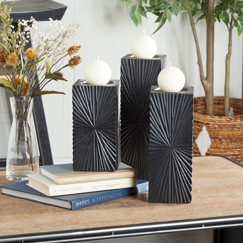 CosmoLiving by Cosmopolitan Wood Geometric Carved Pillar Candle Holder, Set