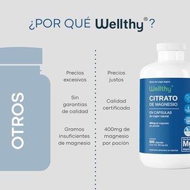 Wellthy Citrato de Magnesio Premium 500 Cápsulas 400mg. 100% Natural, Vcaps Cápsulas Veganas, 166 Días de Consumo.