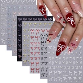 8 Sheets Bow Nail Stickers 3D Self Adhesive Bow Knot Nail Decals Black White Red Silver Golden Metallic Bow Nail Art Stickers Mixed Colors Ribbon Bow Nail Designs Supplies for Women Nail Decorations
