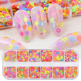 12 Girds Holographic Fluorescent Nail Glitter Sequins Luminous Heart, Flower, Star &Butterfly Shapes Nail Art Flake Shinny Glitter for Acrylic Nails Design Nail Supplies for Women Manicure