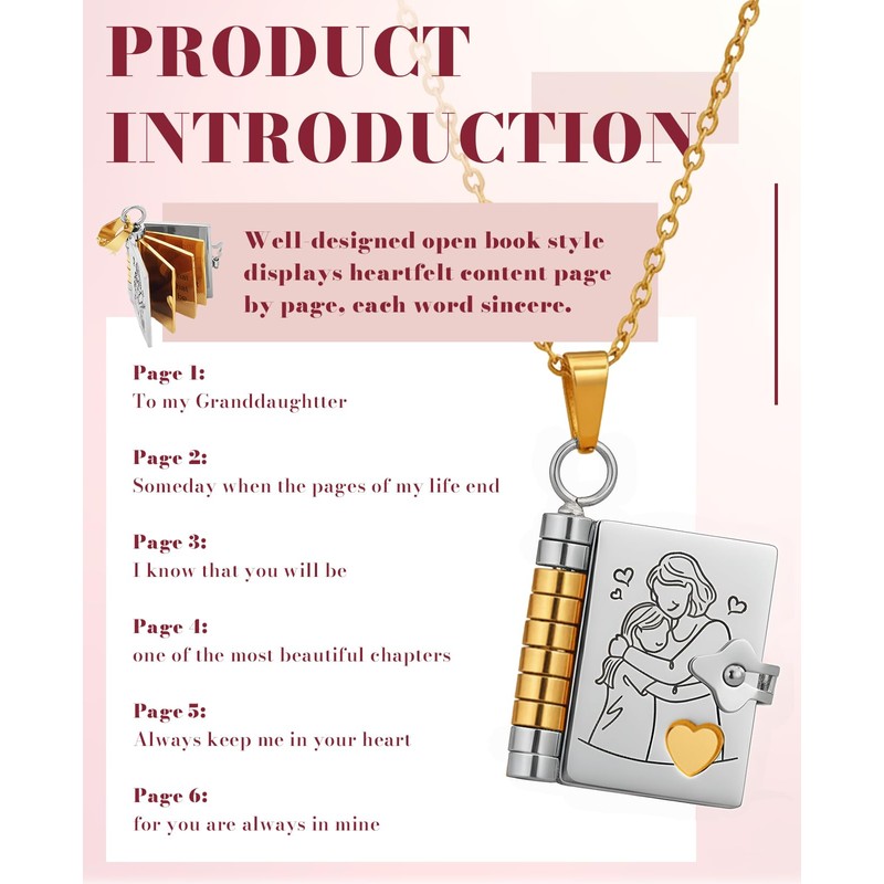 Gaahkai Chapter Book Necklace for Granddaughter, The Most Beautiful Adjustable